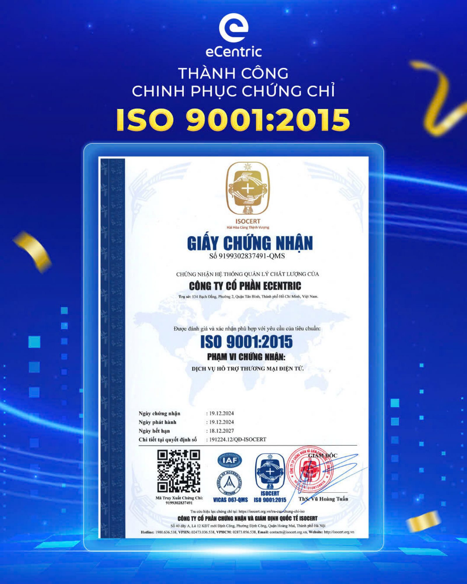 eCentric đạt chứng nhận ISO 9001:2015